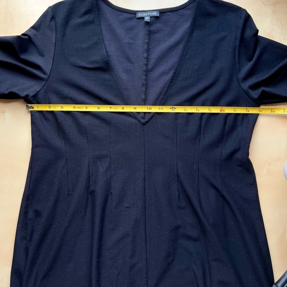 Eileen Fisher Deep V Neck Black Midi Dress with Sleeves size Large - Picture 4 of 7